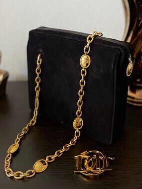 Vintage Dior black suede bag with gold chain with logo, Christian Dior evening